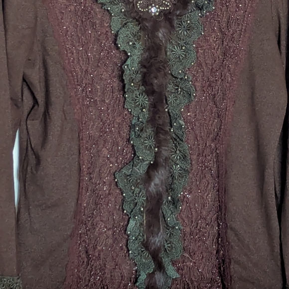 Women's Brown V-Neck Sweater with Beading Faux-Fur & Lace Detailing - Picture 4 of 16